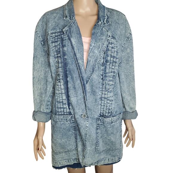 Vintage Size L Gitano Inner View 80's Acid Wash Jean One Button Jacket Pockets - Picture 1 of 8